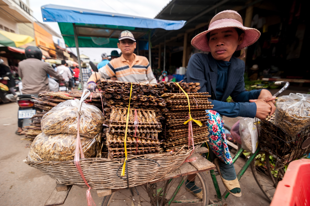SIEM REAP, CAMBODIA - DEC 22, 2013: Unidentified Khmer people selling smoked fish at traditional marketplace on Dec 22, 2013 in Siem Reap, Cambodia. Street food markets is popular tradition in asia